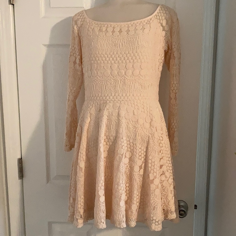 Pink lace off shoulder long sleeve dress
